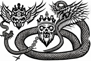 a king crown with wings and two sword and serpent tattoo idea