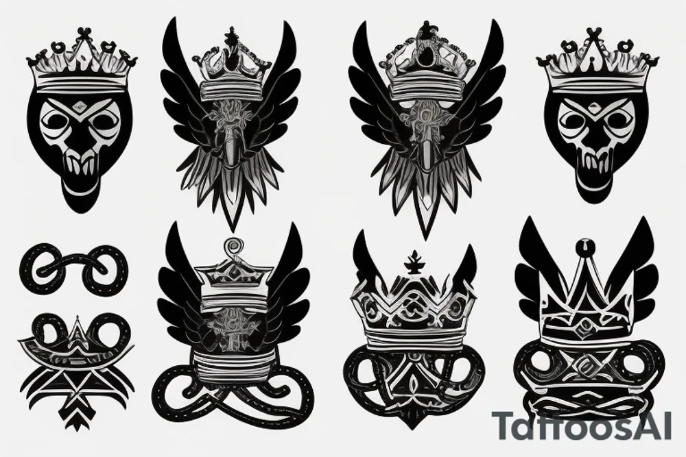 a king crown with wings and two sword and serpent tattoo idea