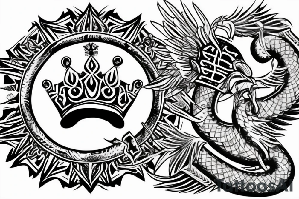 a king crown with wings and two sword and serpent tattoo idea