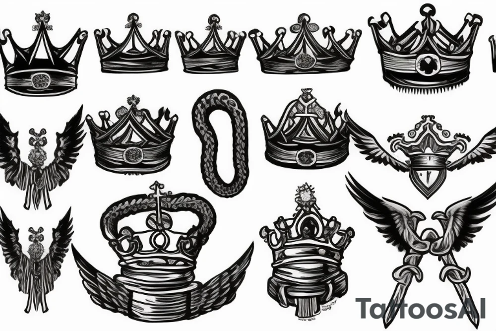 a king's crown with wings and two swords and serpents and a christ tattoo idea