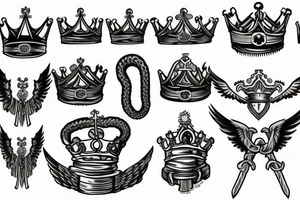 a king's crown with wings and two swords and serpents and a christ tattoo idea