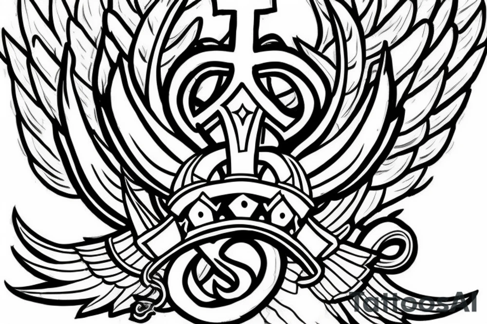 a king's crown with wings and two swords and serpents and a christ tattoo idea