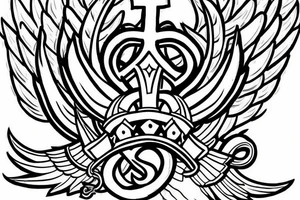 a king's crown with wings and two swords and serpents and a christ tattoo idea