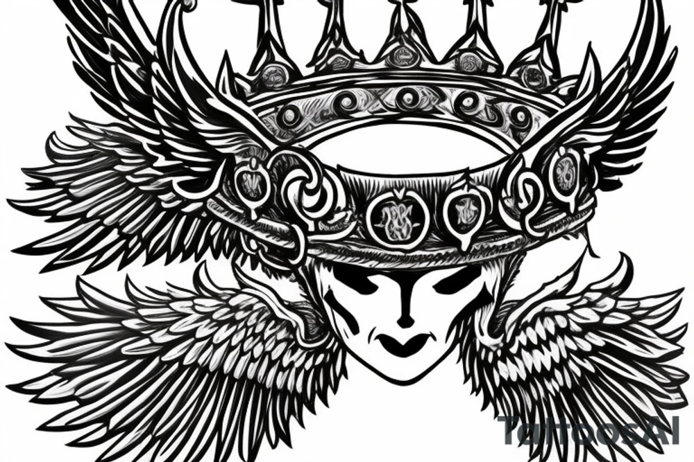 a king's crown with wings and two swords and serpents tattoo idea