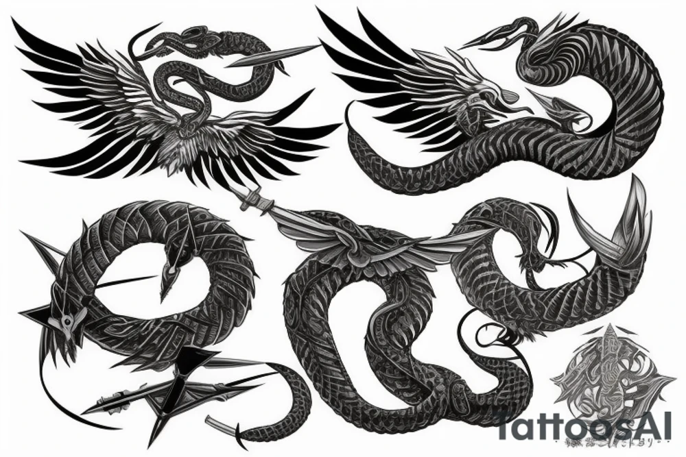 wings and two swords and serpents tattoo idea