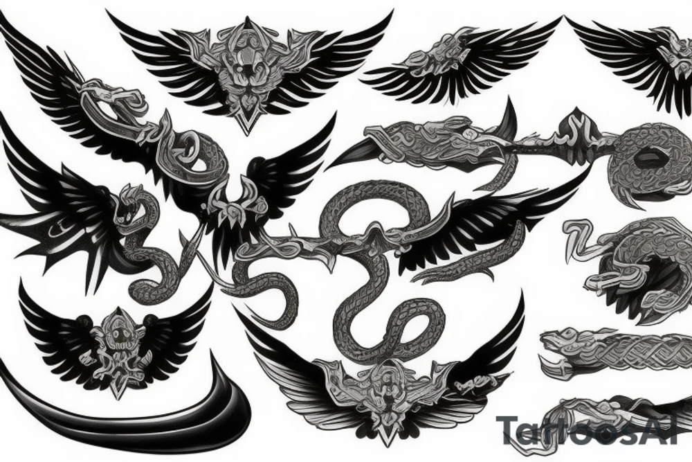 wings and two swords and serpents tattoo idea