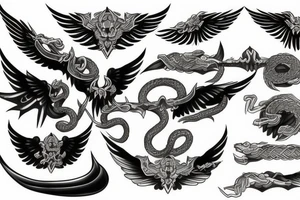 wings and two swords and serpents tattoo idea