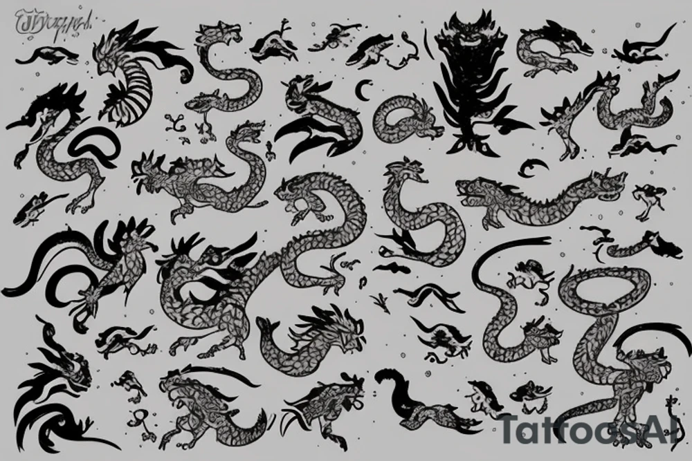 Mainly tiger, with snow and a small dragon. Hide a rooster, dolphin and shrimp. Subtile notes of orchids. And add a Chinese mouth organ tattoo idea