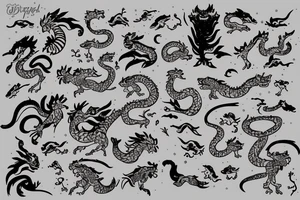 Mainly tiger, with snow and a small dragon. Hide a rooster, dolphin and shrimp. Subtile notes of orchids. And add a Chinese mouth organ tattoo idea