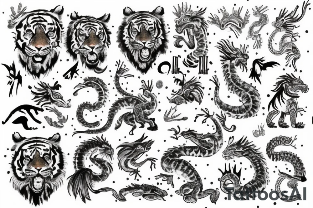 Mainly tiger, with snow and a small dragon. Hide a rooster, dolphin and shrimp. Subtile notes of orchids. And add a Chinese mouth organ tattoo idea
