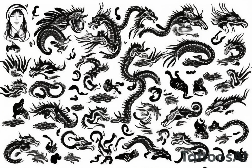 Mainly tiger, with snow and a small dragon. Hide a rooster, dolphin and shrimp. Subtile notes of orchids. And add a Chinese mouth organ tattoo idea