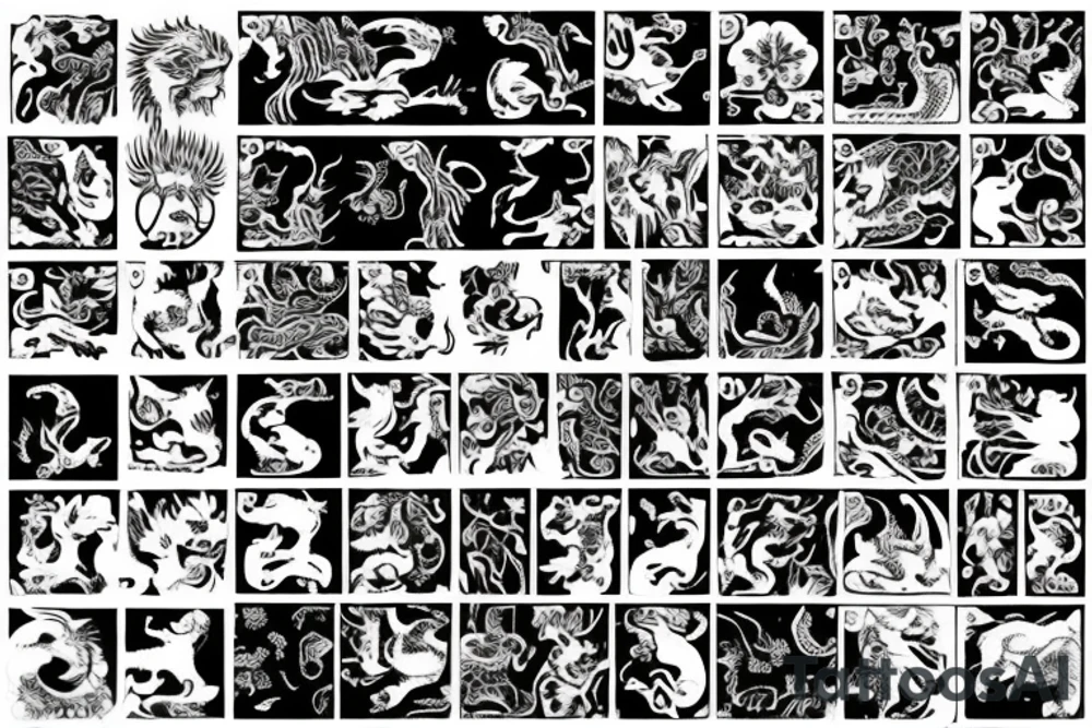 Mainly tiger, with snow and a small dragon. Hide a rooster, dolphin and shrimp. Subtile notes of orchids. And add a Chinese mouth organ tattoo idea