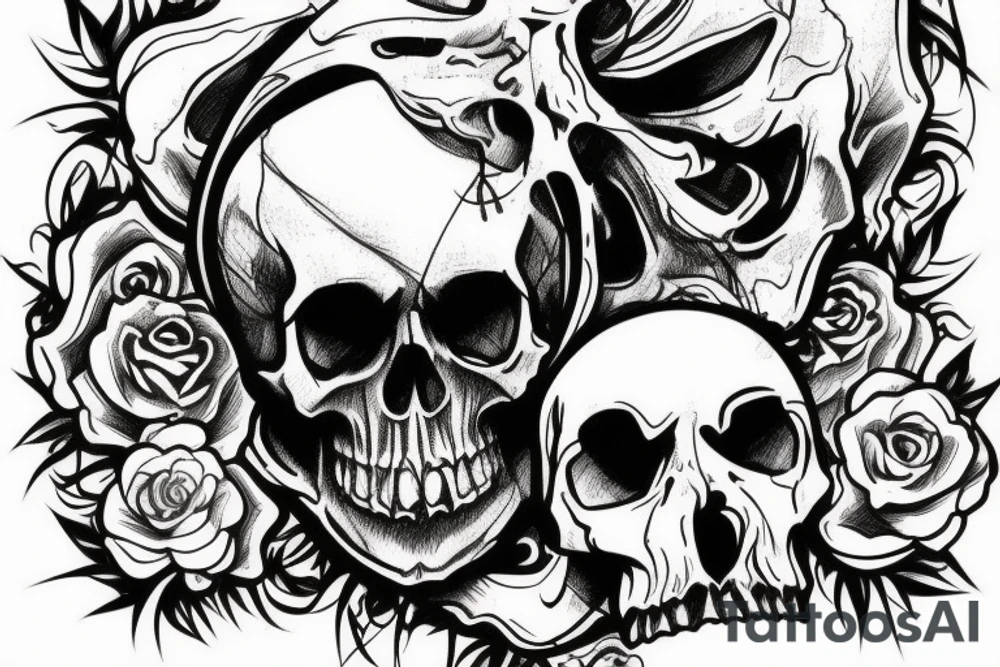 Gnarly Skull roughly sketched with smoke and a light touch of colour tattoo idea