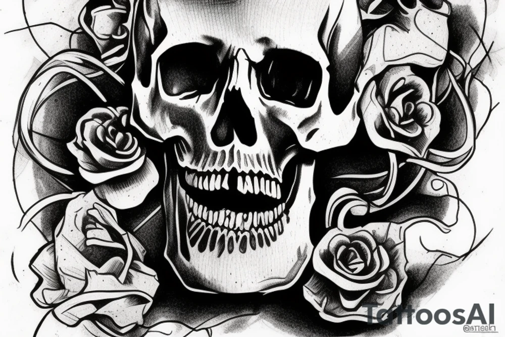 Gnarly Skull roughly sketched with smoke and a light touch of colour tattoo idea