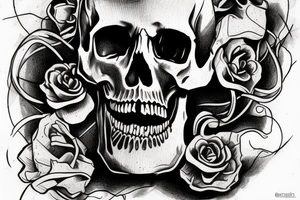 Gnarly Skull roughly sketched with smoke and a light touch of colour tattoo idea