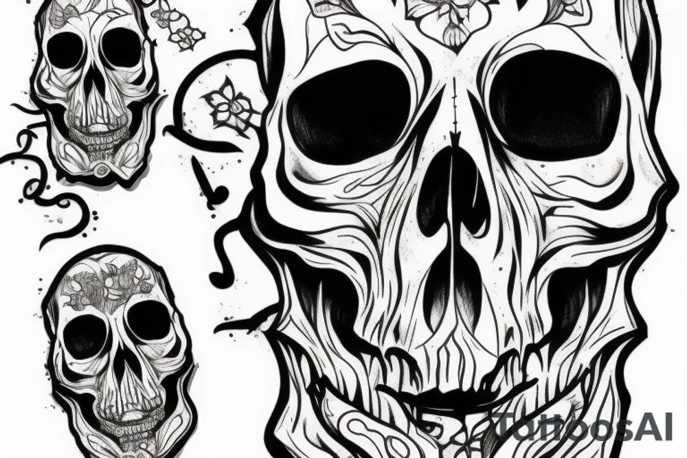 Horror Skull roughly sketched with smoke and a light touch of colour tattoo idea