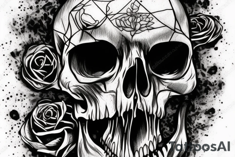 Horror Skull roughly sketched with smoke and a light touch of colour tattoo idea