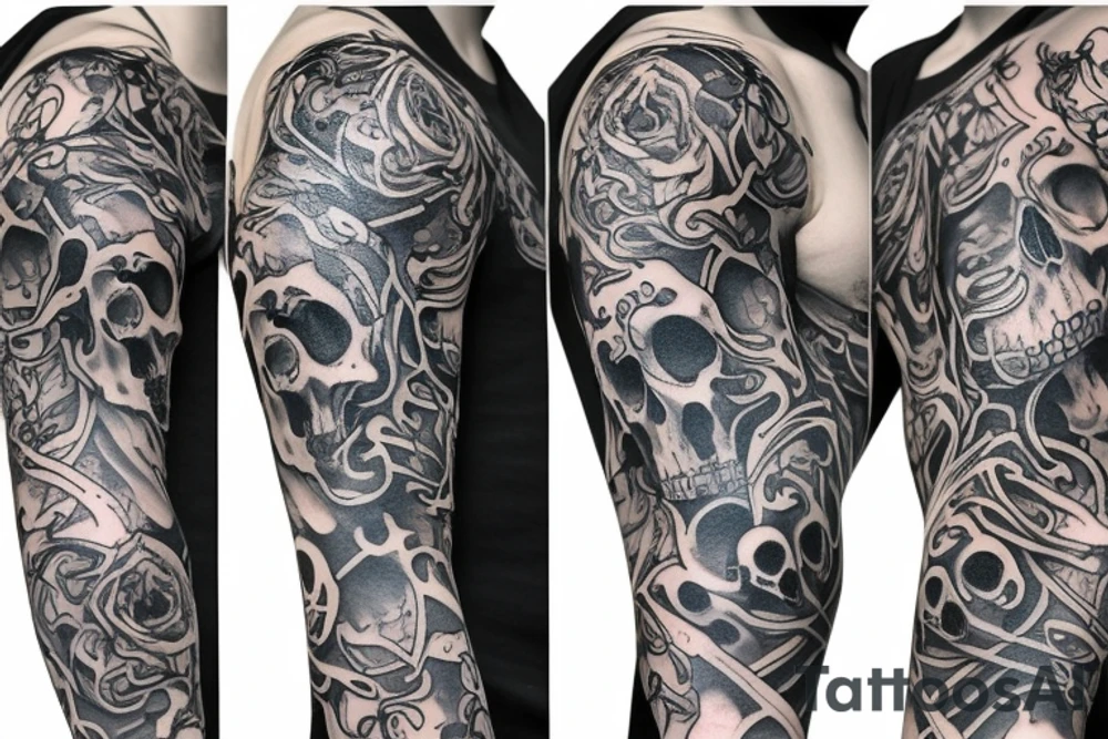 Multiple Skulls Sleeve with Smoke tattoo idea