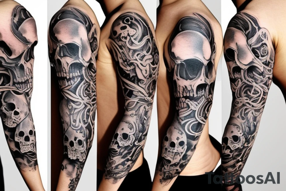 Multiple Skulls Sleeve with Smoke tattoo idea