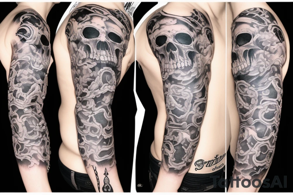 Multiple Skulls Sleeve with Smoke tattoo idea