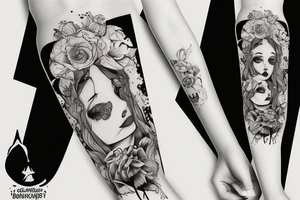 Femme guerrière avec peau d'ours sur la tête et un couteau tattoo idea