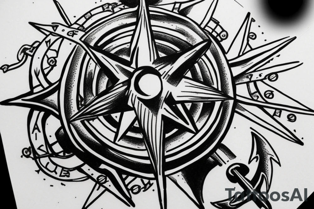 A compass rose with an anchor in the theme of the sea and pirates tattoo idea