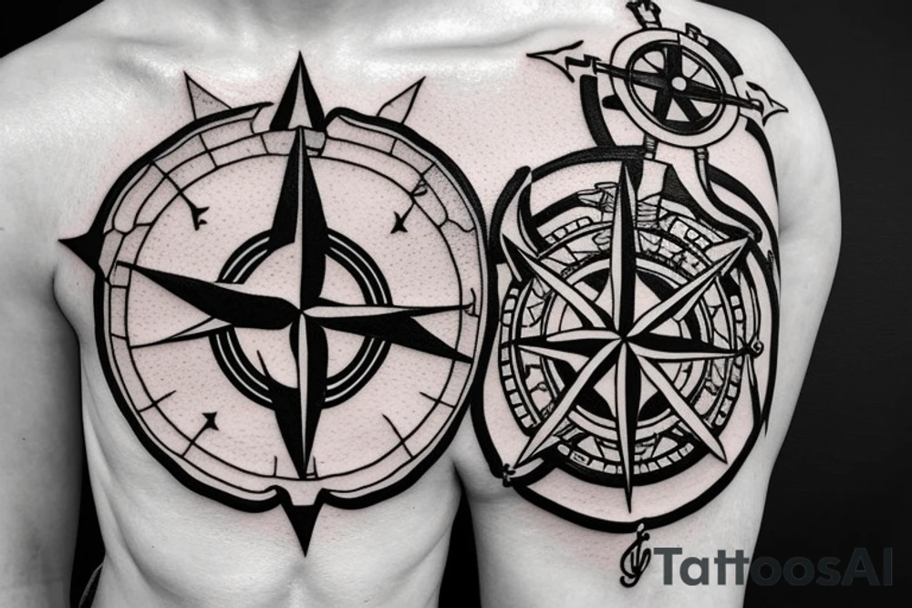 A compass rose with an anchor in the theme of the sea and pirates tattoo idea