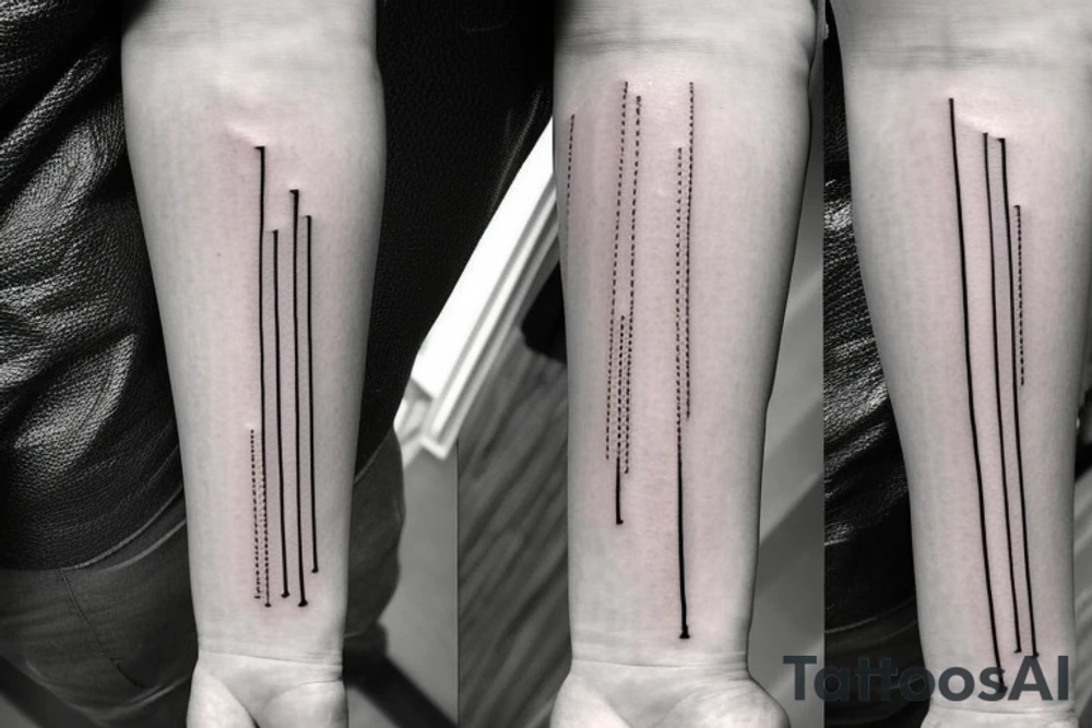 It is a tatoo on left arm. Main think is that is a straight line. But it has different thin size on the end of the main line. Those different thin size pieces are 15 centimeters long tattoo idea