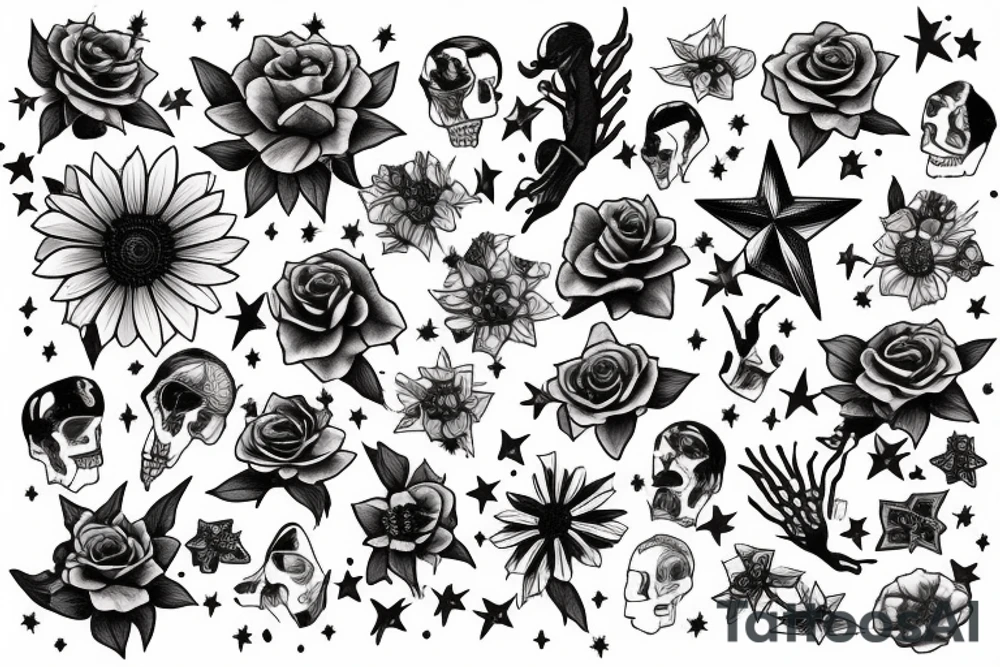 draw me a complete arm with various tattoos, flowers, stars, music tattoo idea