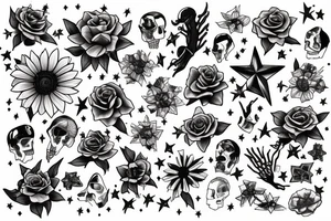 draw me a complete arm with various tattoos, flowers, stars, music tattoo idea