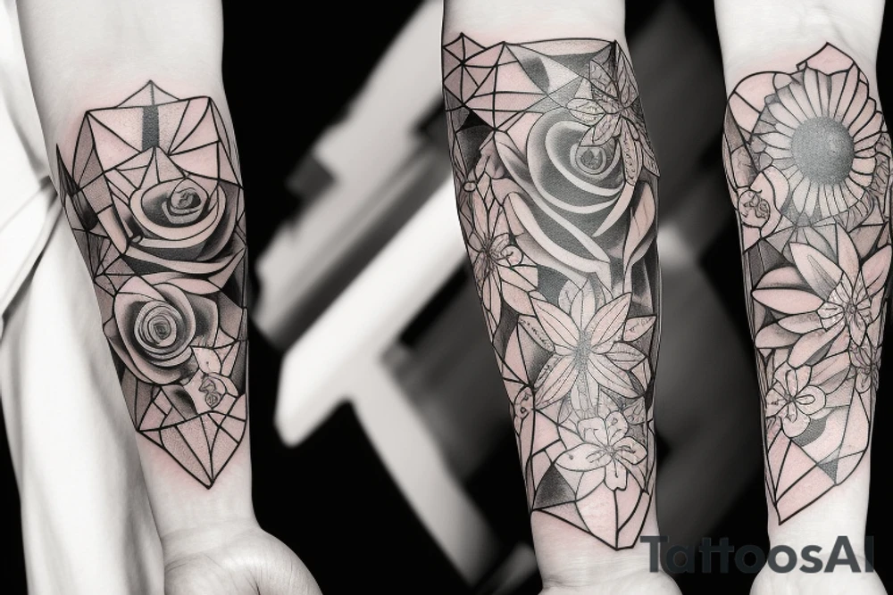 draw me a complete arm with various tattoos, flowers, stars, music tattoo idea