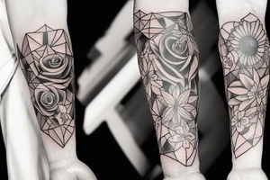 draw me a complete arm with various tattoos, flowers, stars, music tattoo idea
