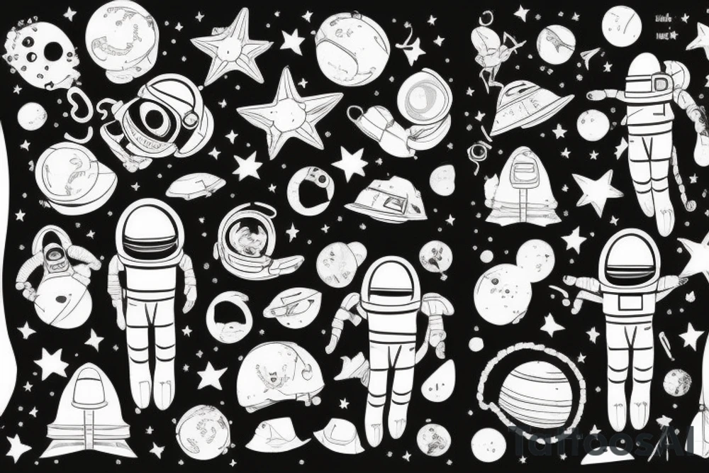 squelette dans astronaute en-dessous un arbre tattoo idea