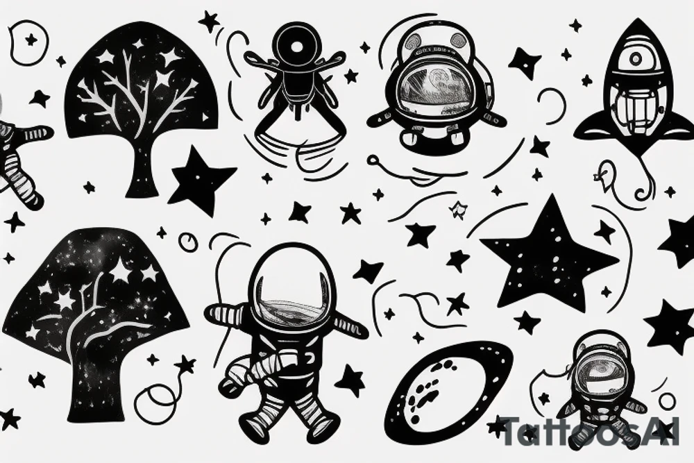squelette dans astronaute en-dessous un arbre tattoo idea