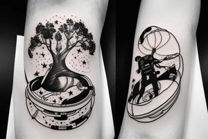 squelette dans astronaute en-dessous un arbre tattoo idea