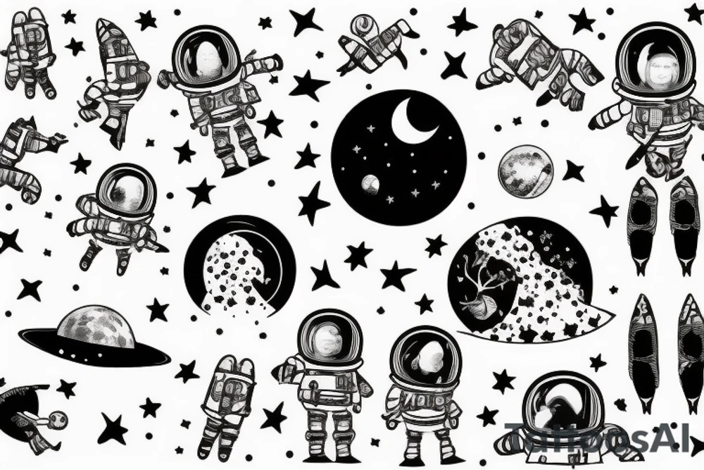 squelette dans astronaute en-dessous un arbre tattoo idea