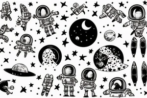 squelette dans astronaute en-dessous un arbre tattoo idea
