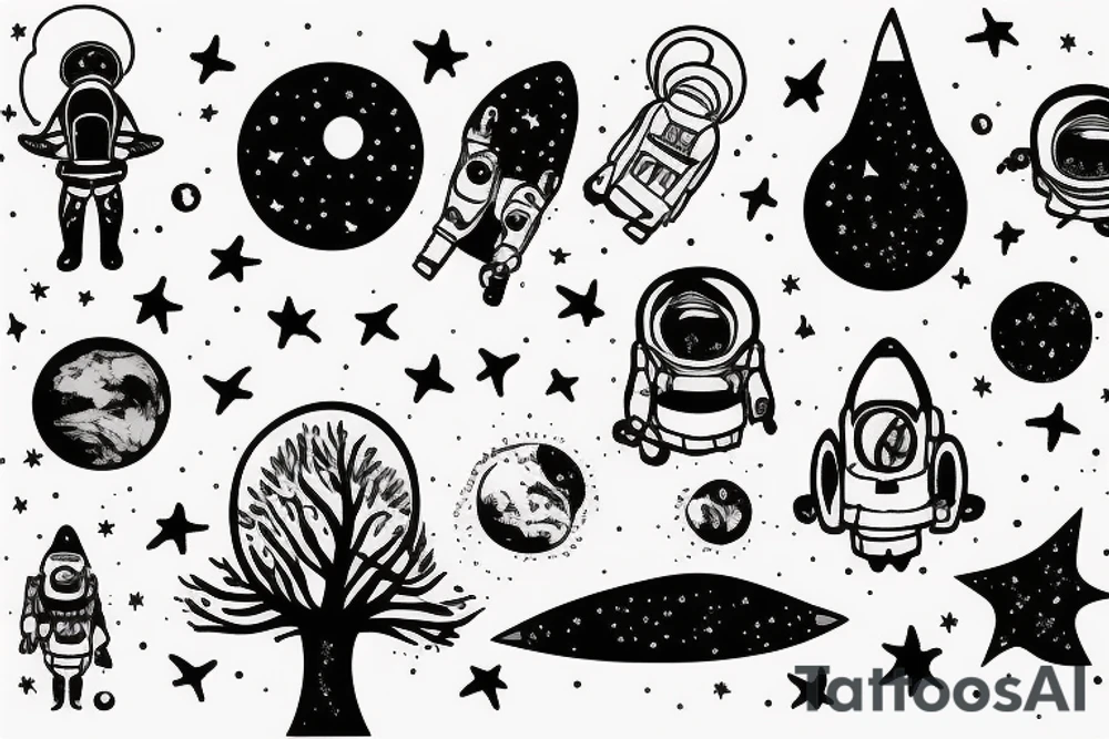 squelette dans astronaute en-dessous un arbre tattoo idea