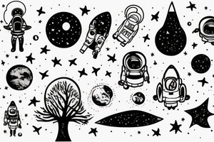 squelette dans astronaute en-dessous un arbre tattoo idea