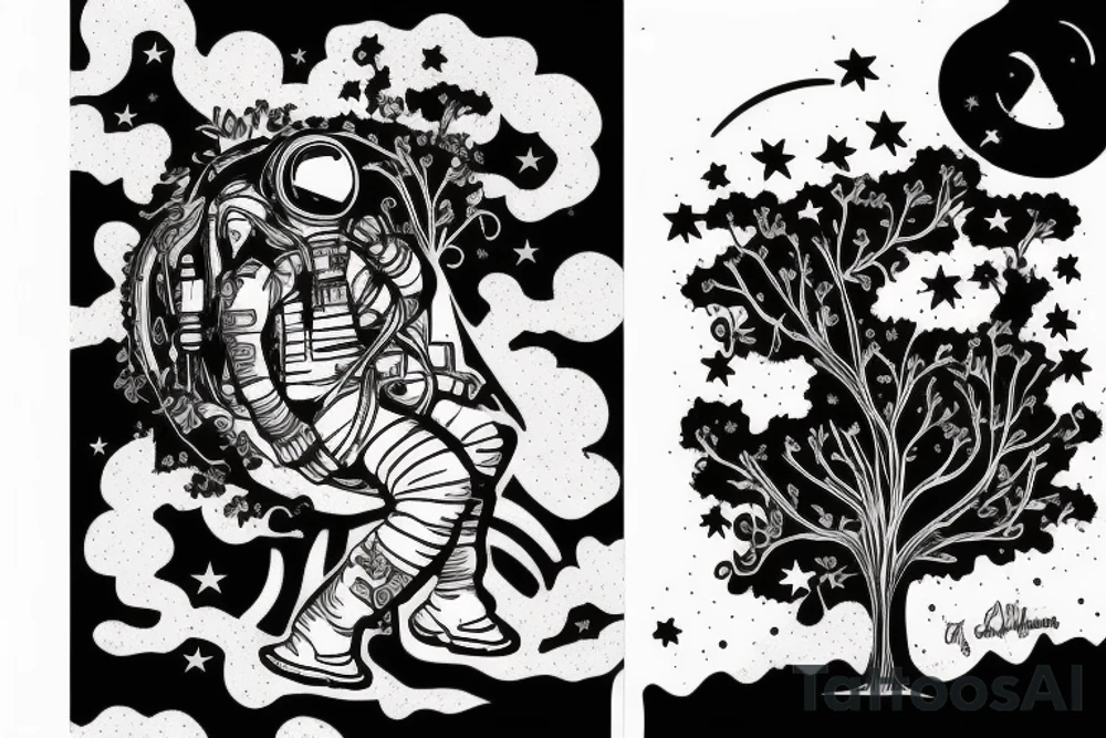 squelette dans astronaute en-dessous un arbre tattoo idea