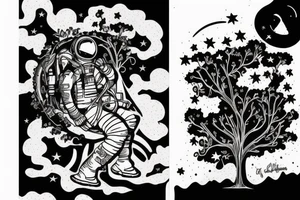 squelette dans astronaute en-dessous un arbre tattoo idea