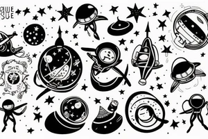 squelette dans astronaute en-dessous un arbre tattoo idea