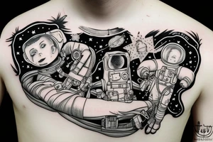 squelette dans astronaute en dessous d'un arbre tattoo idea