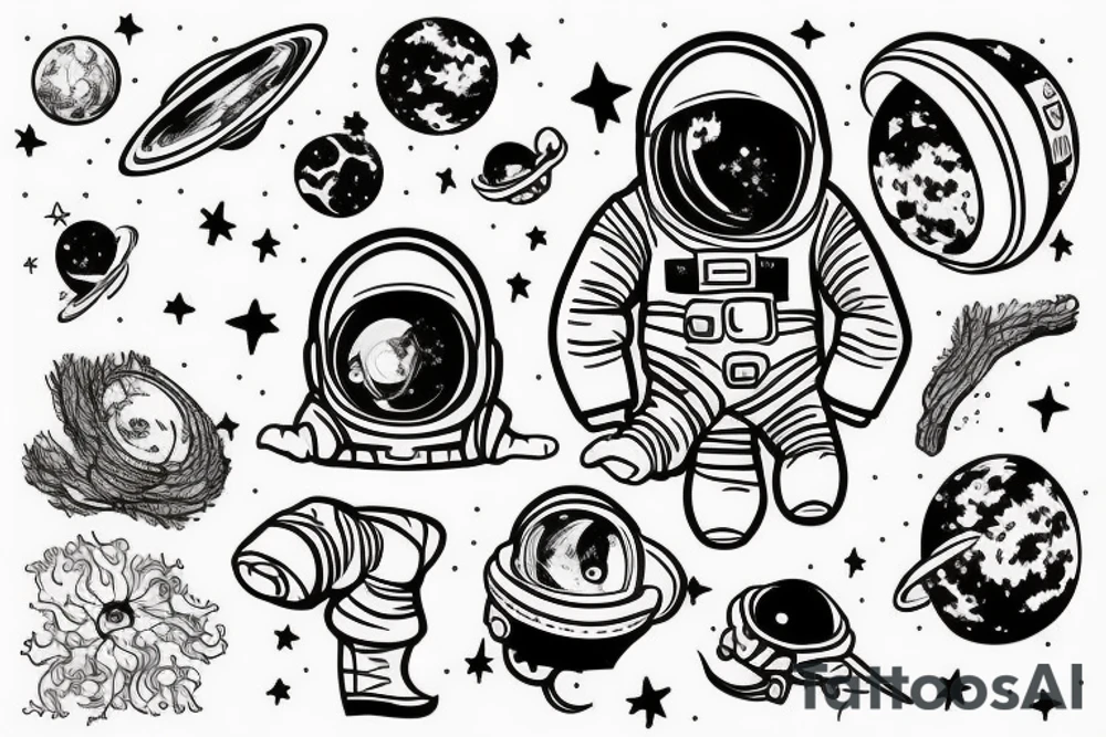 squelette d'un astronaute sous un arbre. tattoo idea