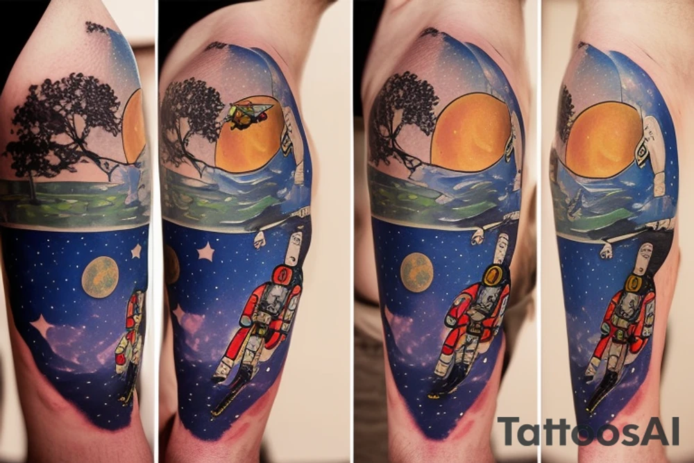 squelette d'un astronaute sous un arbre. tattoo idea