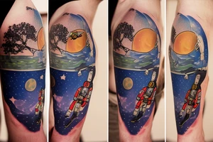 squelette d'un astronaute sous un arbre. tattoo idea