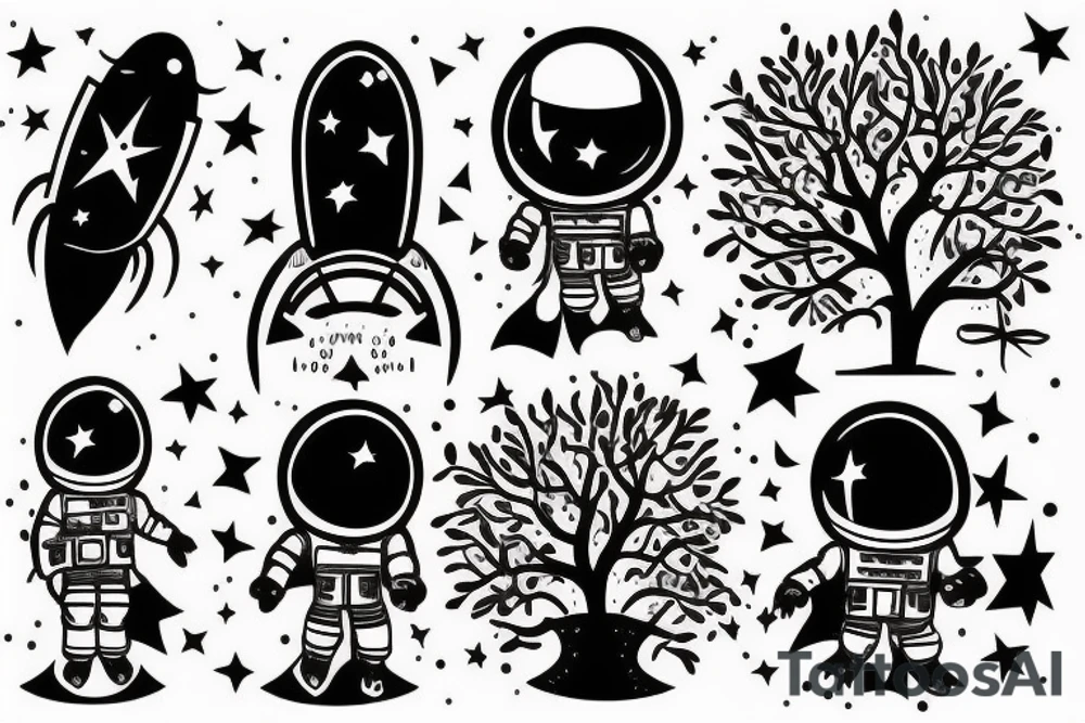 squelette d'un astronaute sous un arbre. tattoo idea