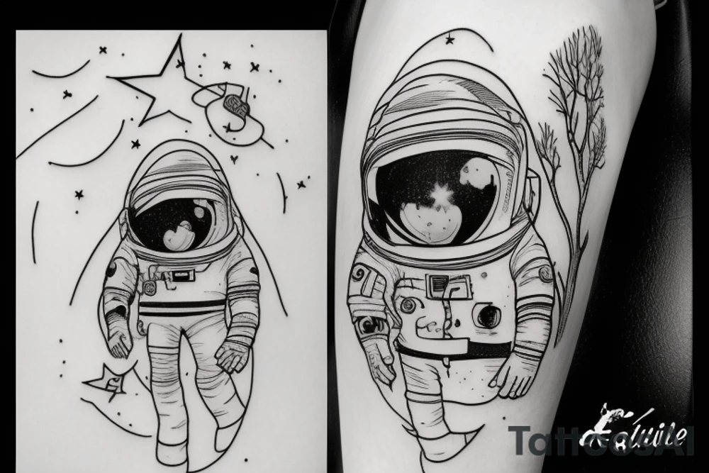 squelette d'un astronaute sous un arbre. tattoo idea