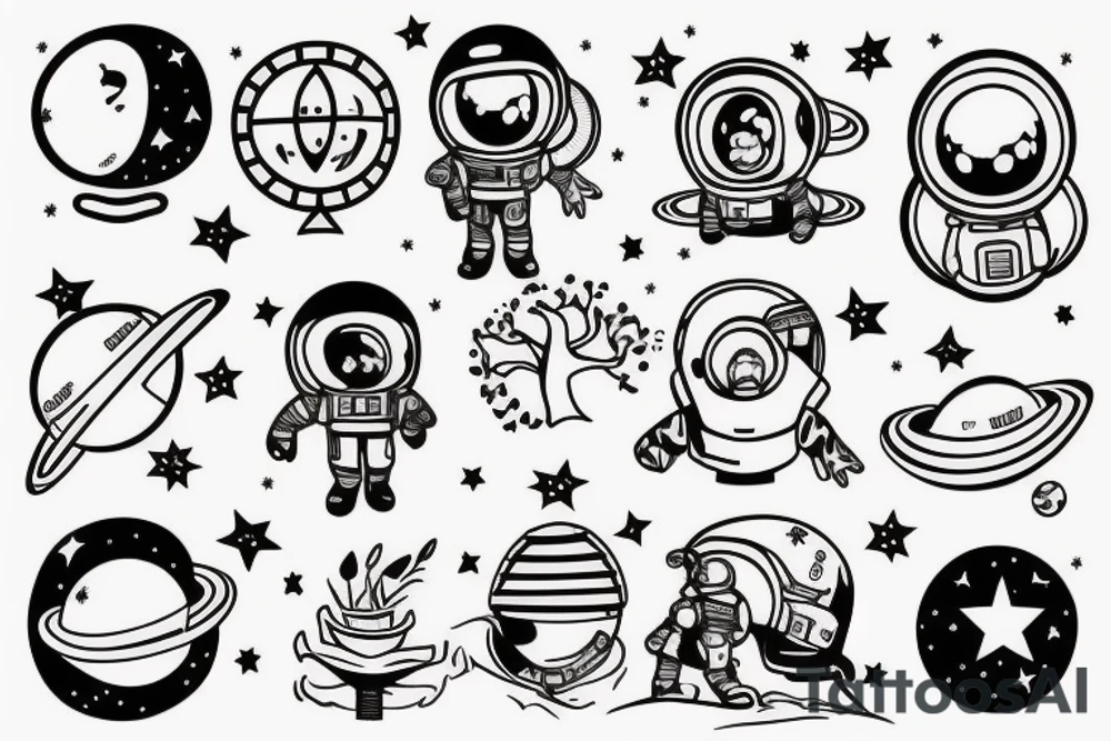 squelette d'un astronaute sous un arbre. tattoo idea