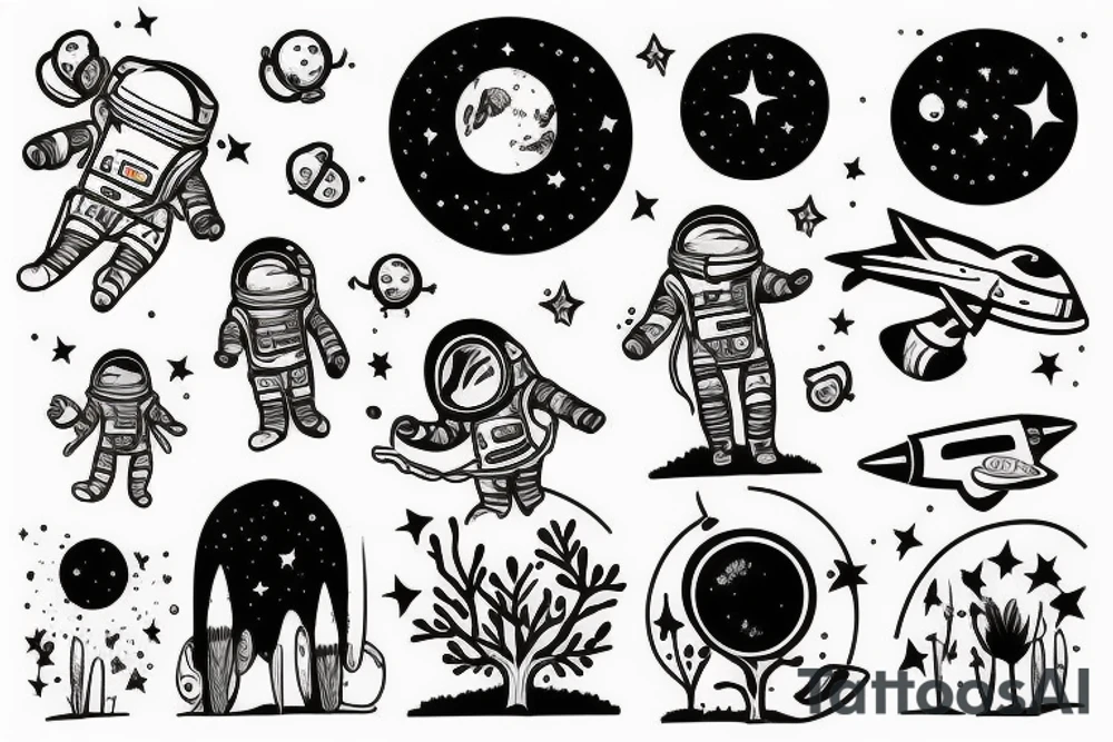 squelette d'un astronaute sous un arbre. tattoo idea
